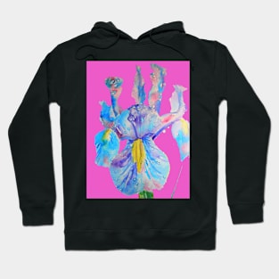 Iris Watercolor Painting - Blue with Raindrops - on Magenta Pink Hoodie